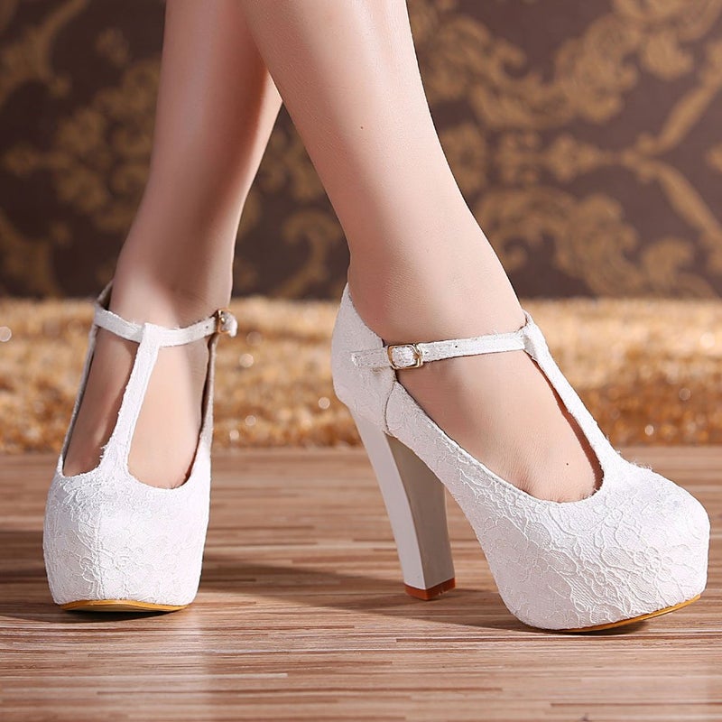 getmorebeauty Women Block Mary Janes Heels T-Strappy Lace Dress Wedding Shoes Pumps (US 7, White) - Image 2